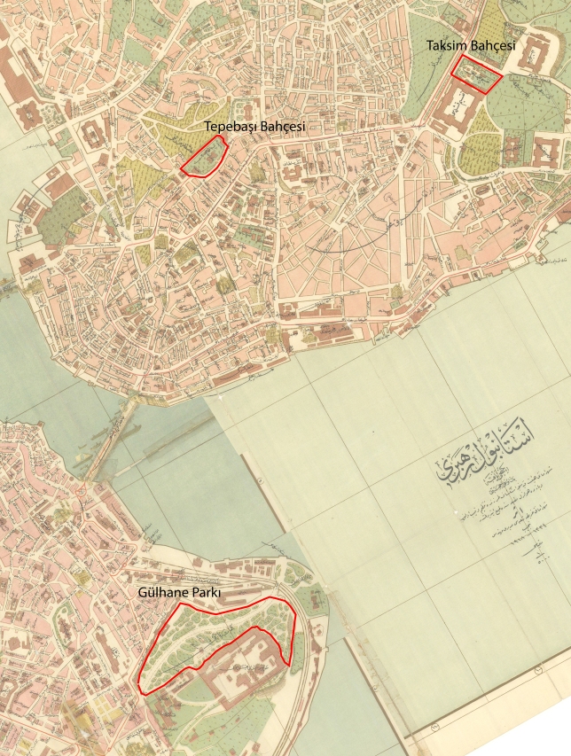 Taksim, Tepebaşı ve Gülhane Bahçeleri (altlık: 1918 Necipbey Haritası)